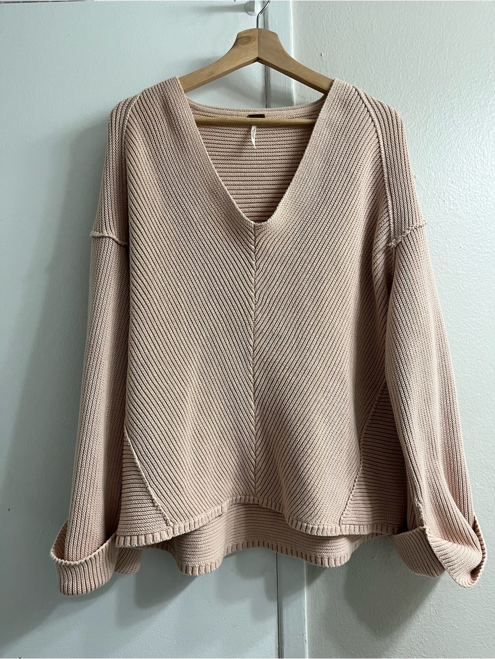Free People Blush Off-the-Shoulder Ribbed V-Neck Sweater